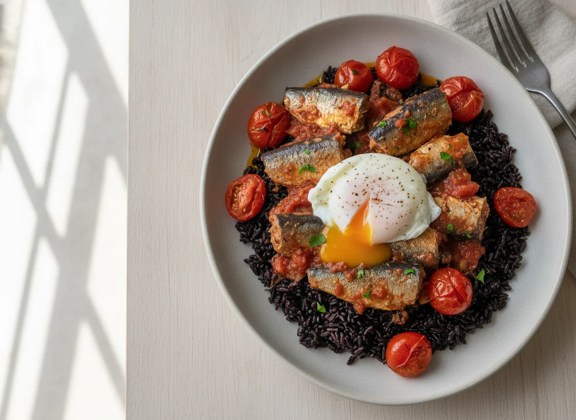 Sardines with Egg and Tomato and Black Shirataki Rice photo