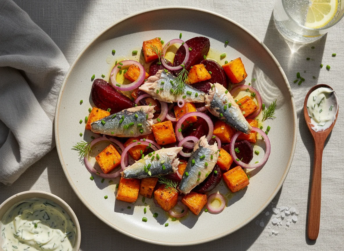 Sardines with Sweet Potato, Beetroot, and Onion photo