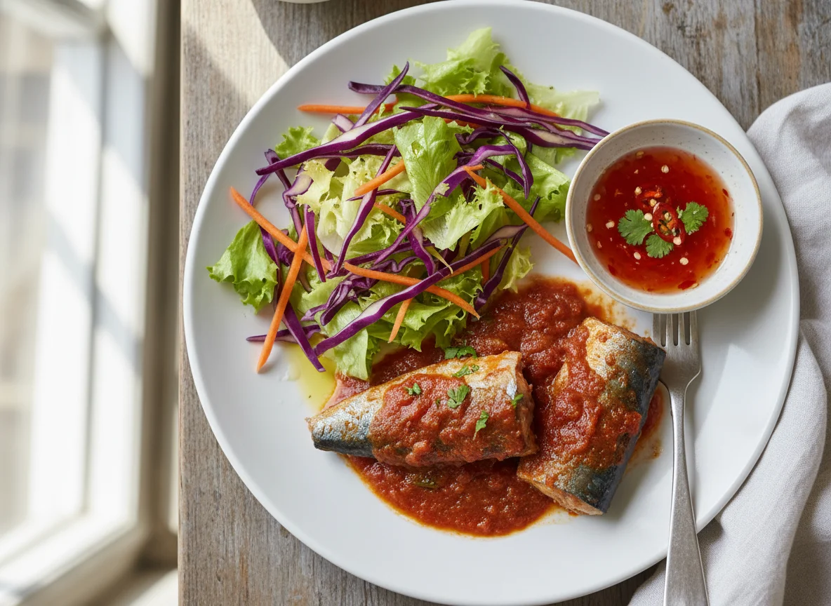 Sardines/Mackerel with vegetable salad and sauce photo