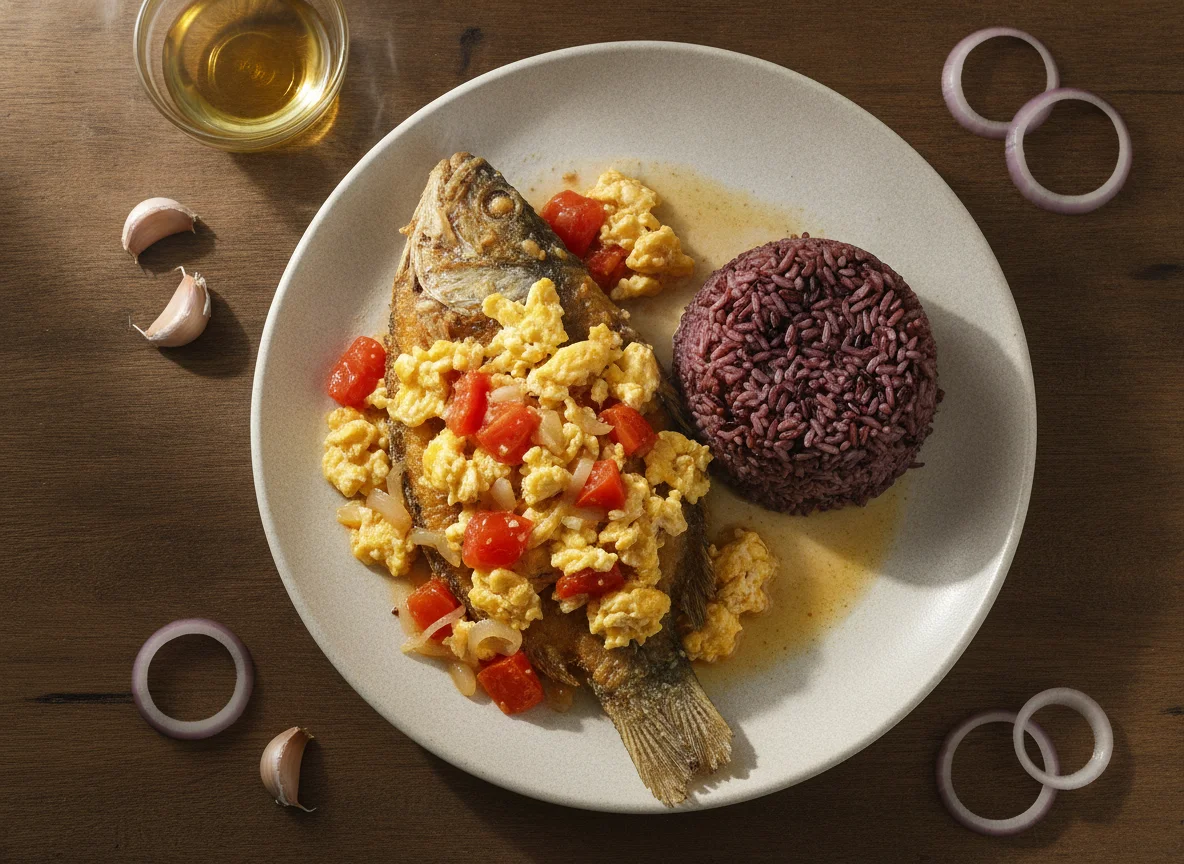 Sarsiadong tilapia with purple rice photo