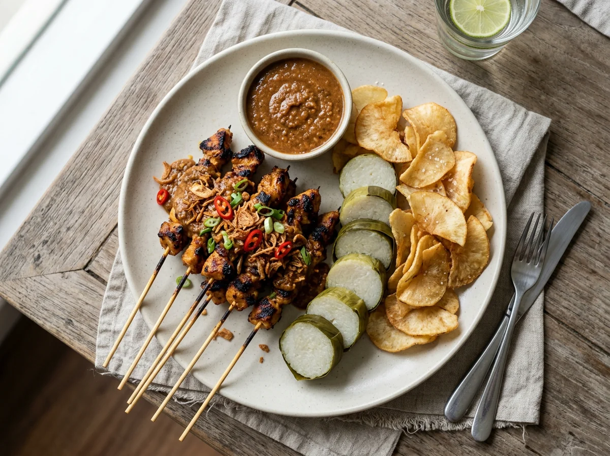 Sate Ayam with Lontong and Cassava Chips photo