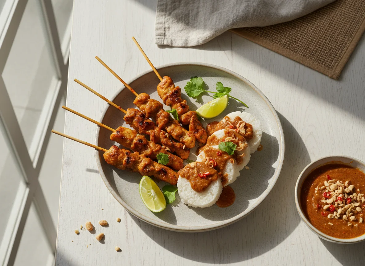 Sate Ayam with Lontong and Peanut Sauce photo