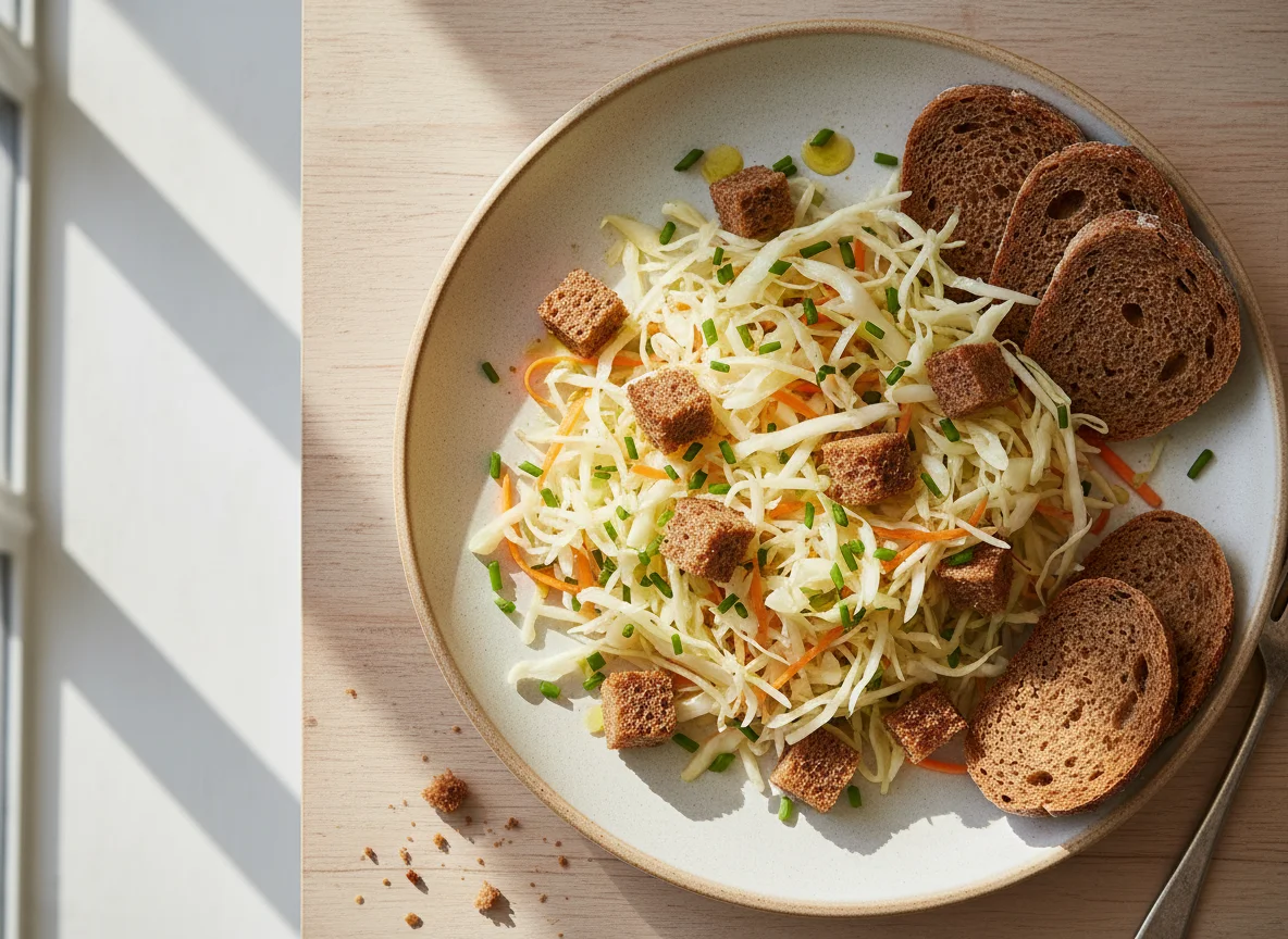 Sauerkraut salad with dark bread photo