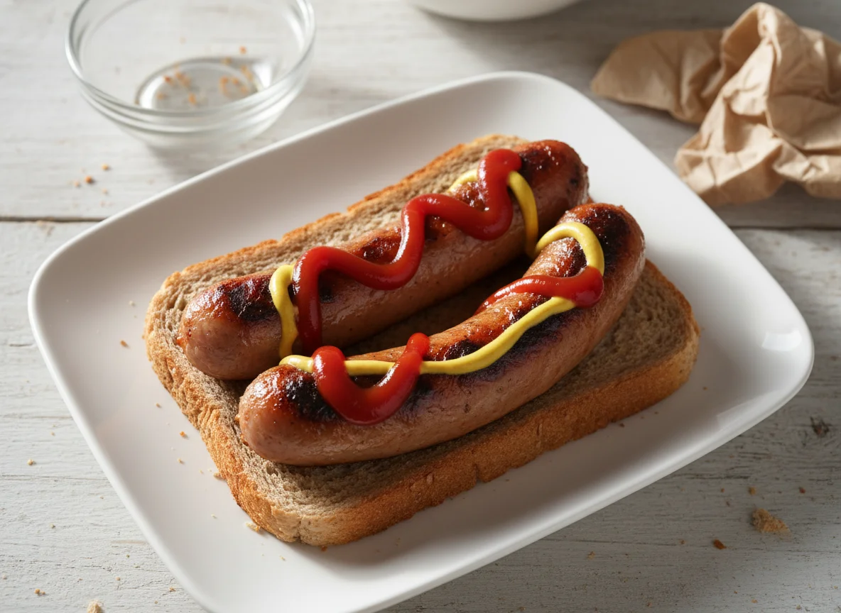 Sausage and Bread with Ketchup and Mustard photo