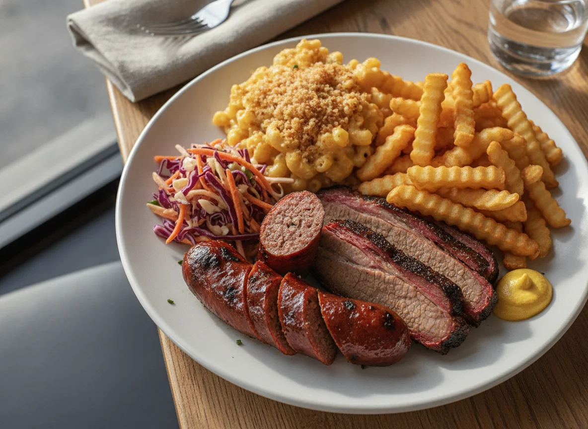 Sausage and Brisket Platter with Macaroni and Fries photo