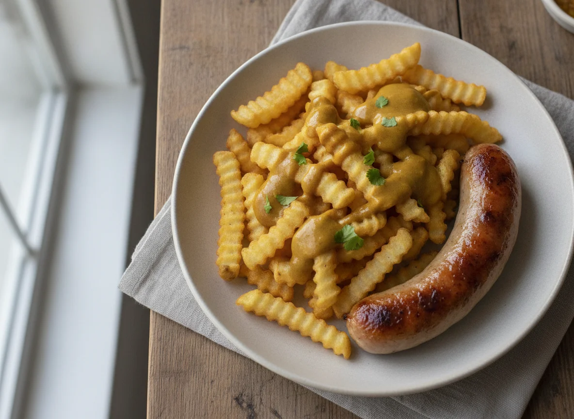 Sausage and chips with curry sauce photo