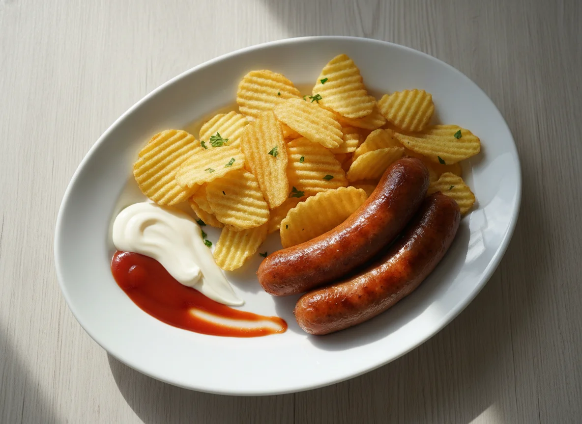 Sausage and Chips with Ketchup and Mayonnaise photo