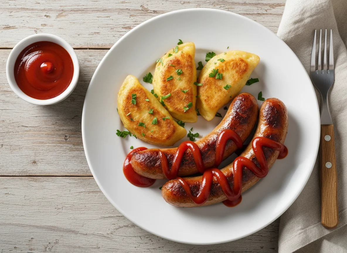 Sausage and Dumplings with Ketchup photo
