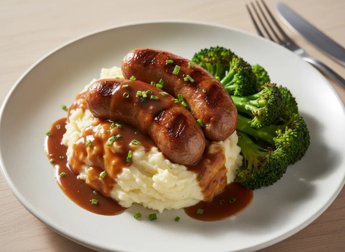 Sausage and Mash with Broccoli and Gravy photo