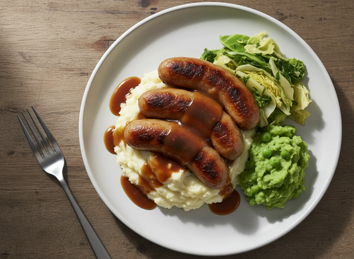 Sausage and Mash with Gravy and Greens photo