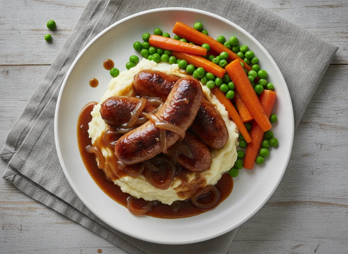 Sausage and Mash with Gravy and Vegetables photo