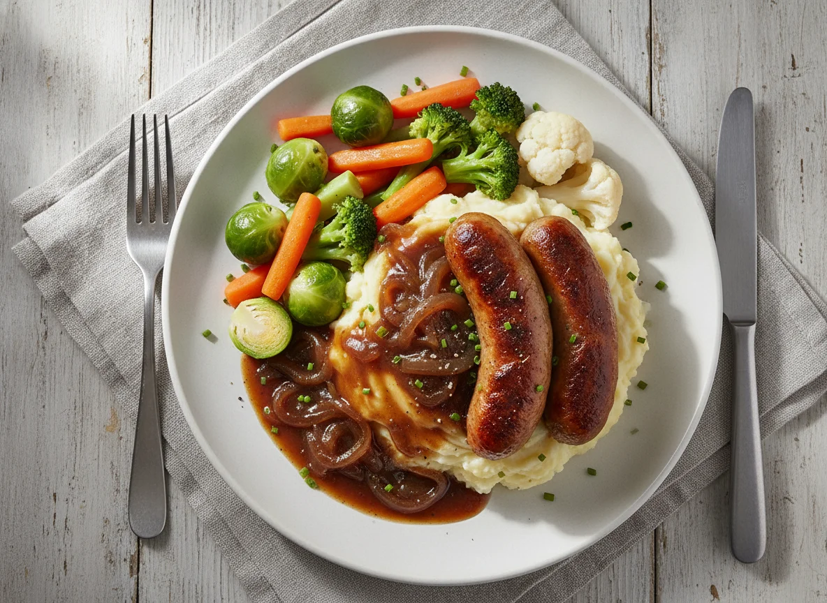 Sausage and Mash with Mixed Vegetables and Gravy photo