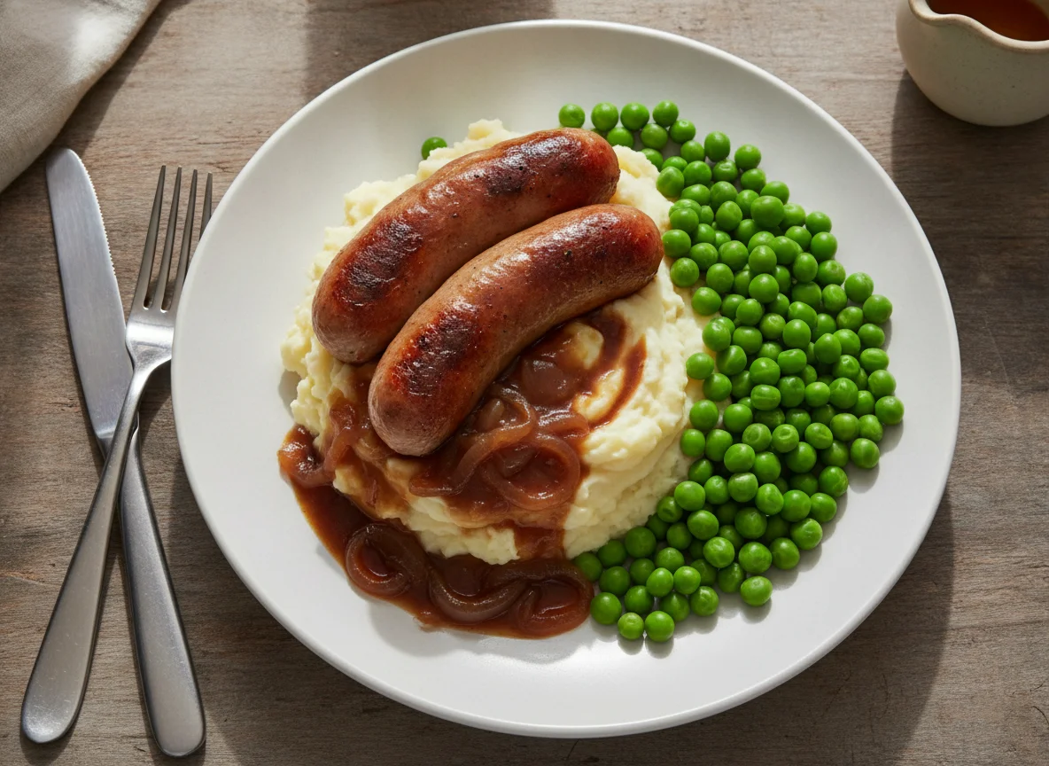 Sausage and Mash with Peas and Gravy photo