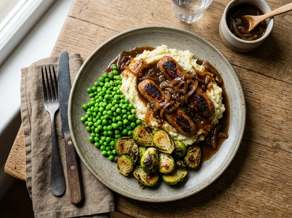 Sausage and Mash with Peas, Brussels Sprouts and Onion Gravy photo