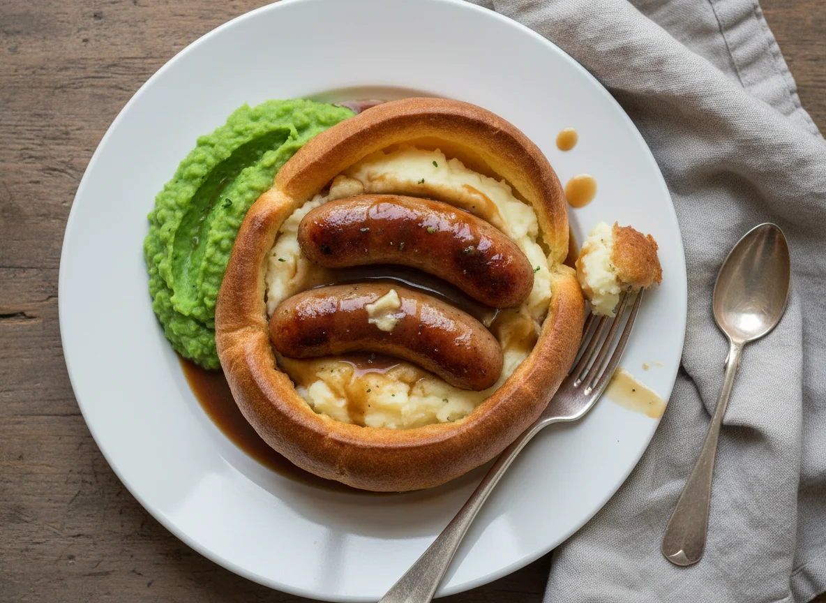 Sausage and Mash with Peas in Yorkshire Pudding photo