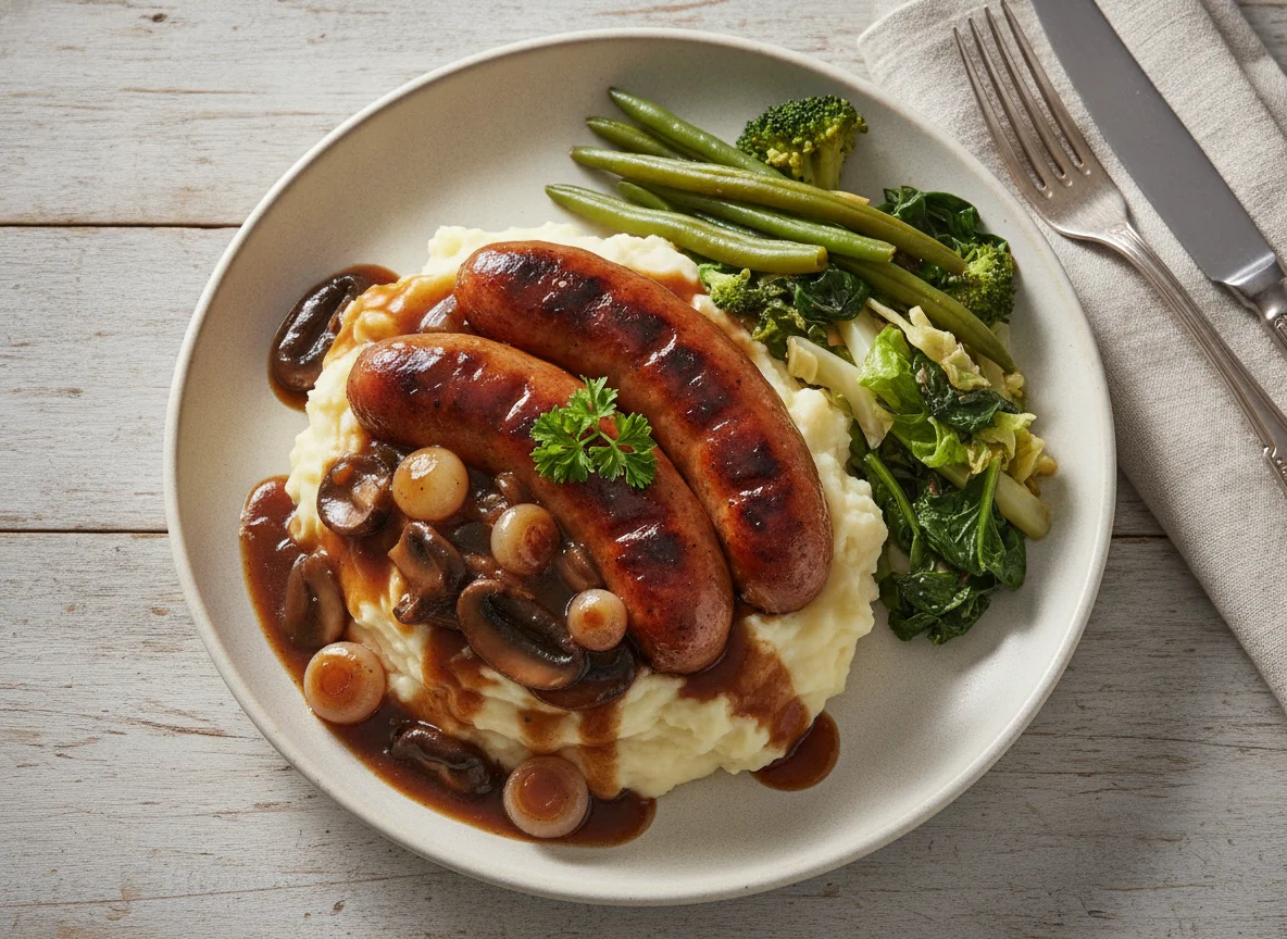 Sausage and Mash with Vegetables and Gravy photo