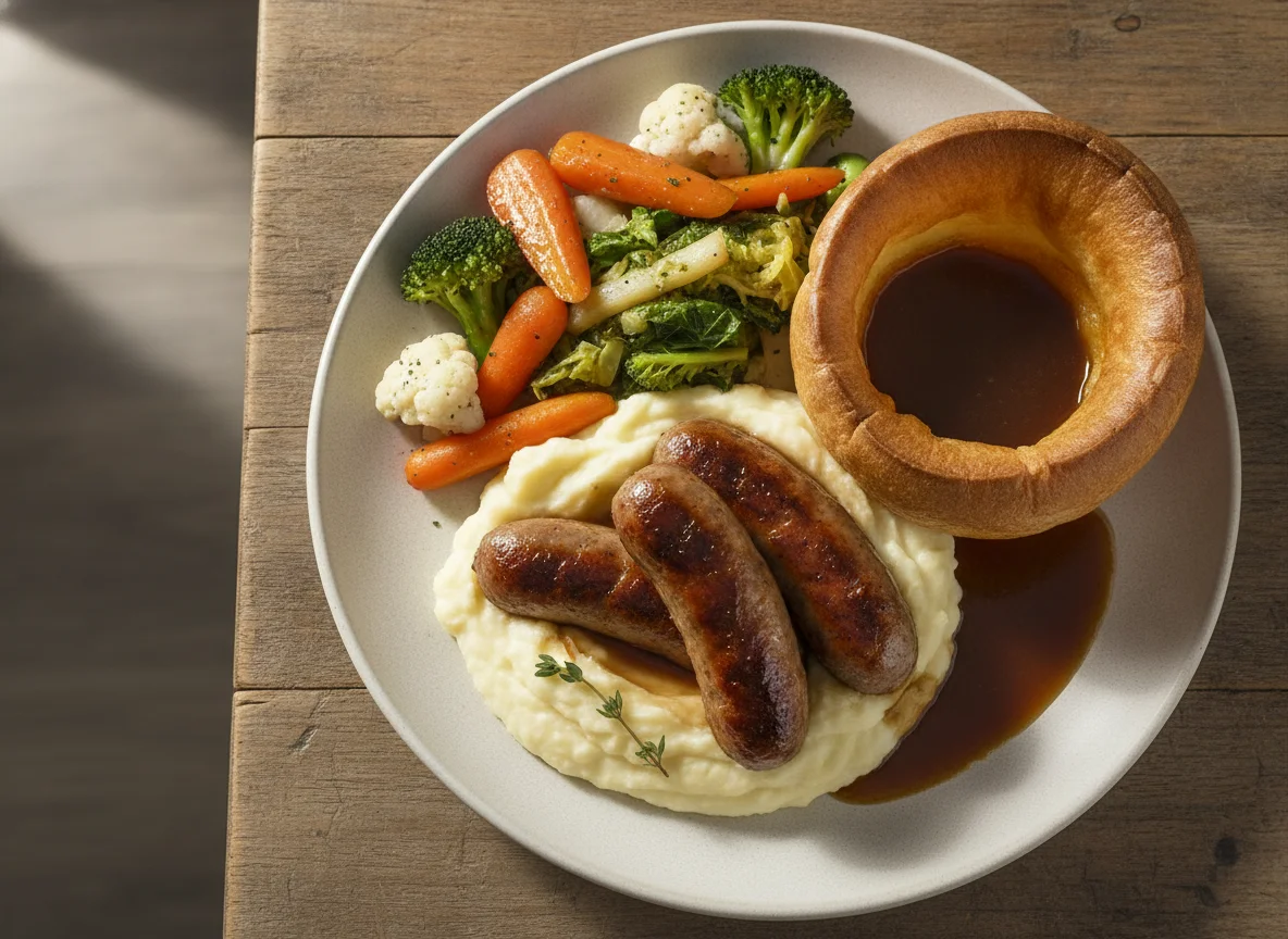 Sausage and Mash with Yorkshire Pudding and Vegetables photo
