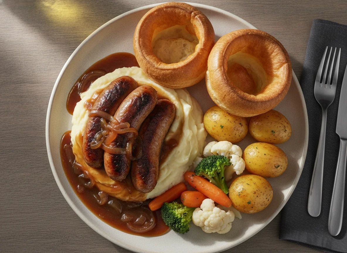 Sausage and Mash with Yorkshire Puddings and Gravy photo