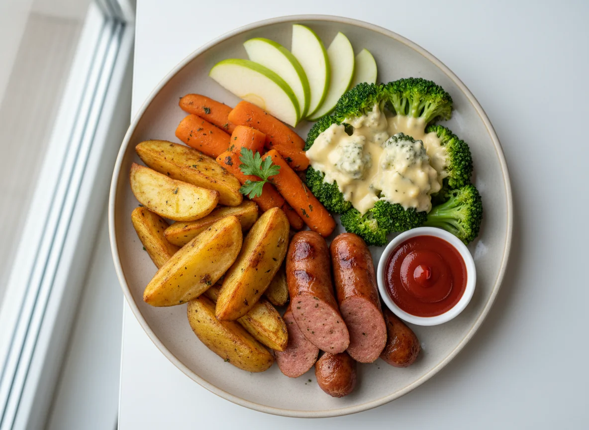 Sausage and Potato Wedges with Broccoli and Apple photo