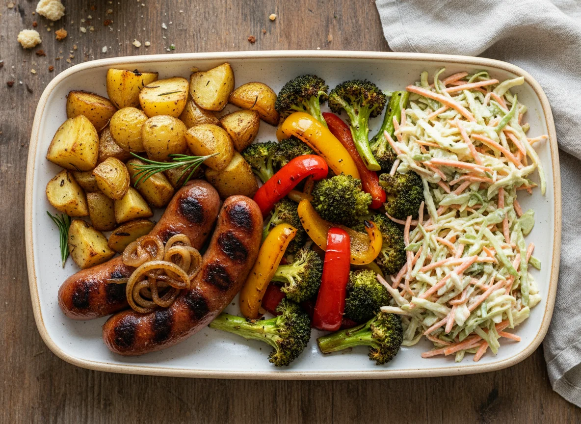 Sausage and Roasted Vegetable Plate with Coleslaw photo