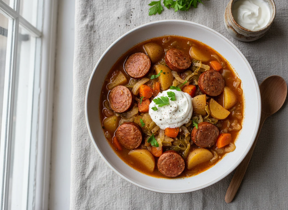 Sausage and Vegetable Stew with Sour Cream photo