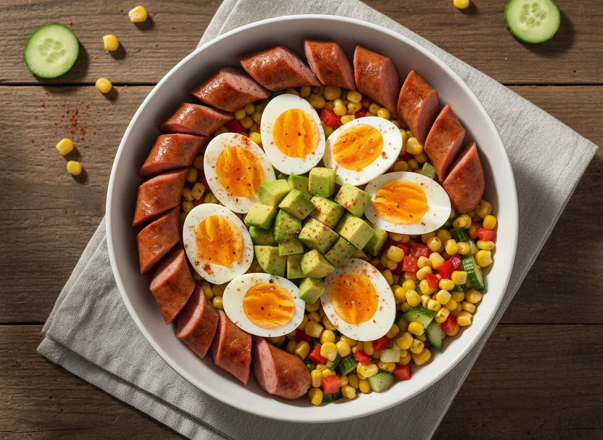 Sausage, Avocado, Egg and Corn Salad Bowl photo