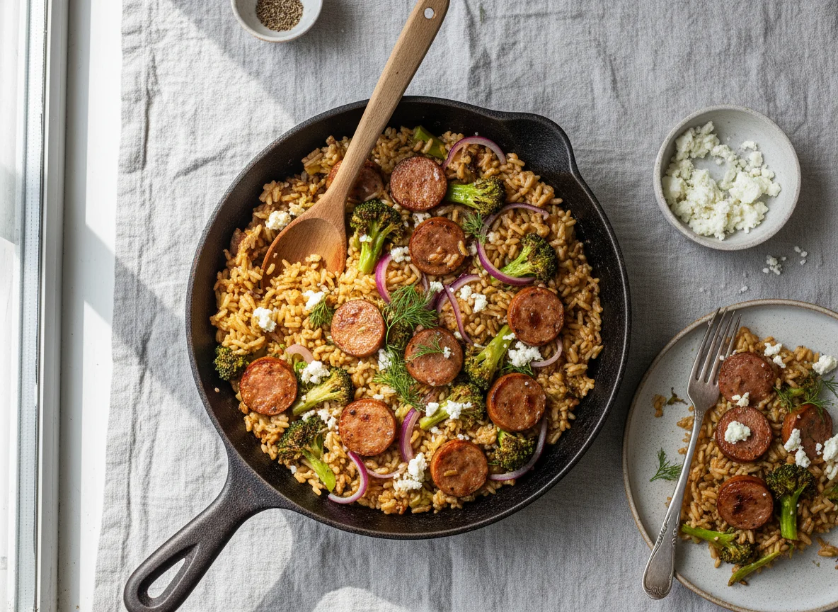 Sausage, Broccoli, and Feta Rice Skillet photo