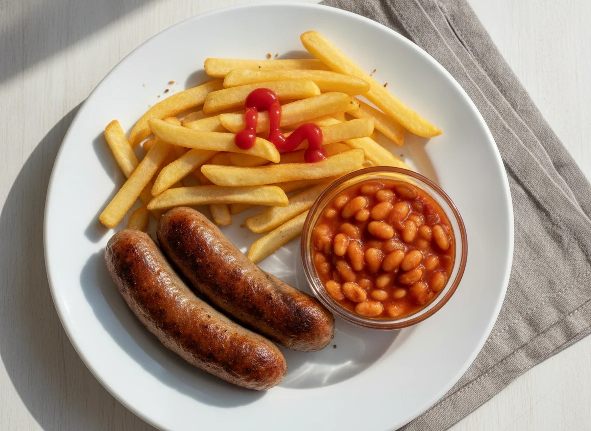 Sausage, chips and baked beans photo