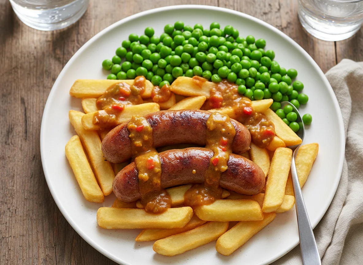Sausage, Chips, Peas and Curry Sauce photo