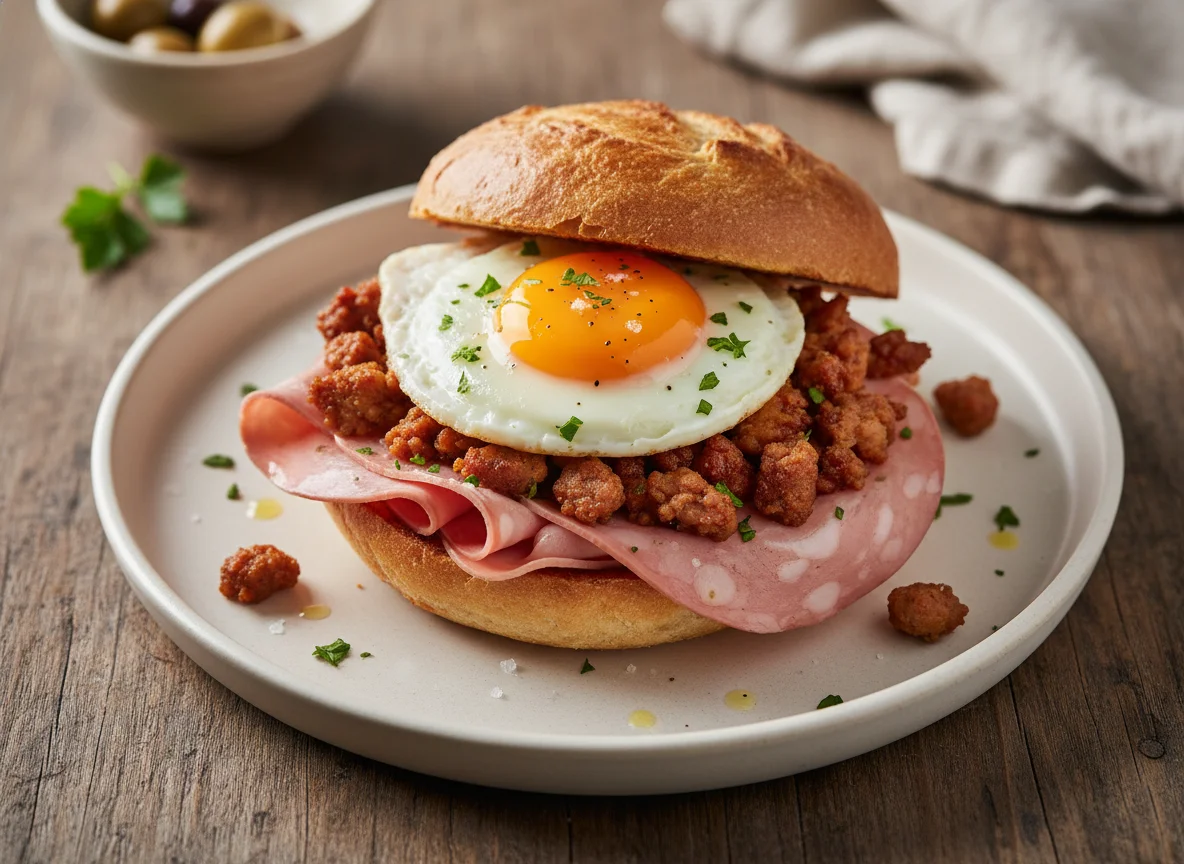 Sausage, Egg and Mortadella Sandwich photo