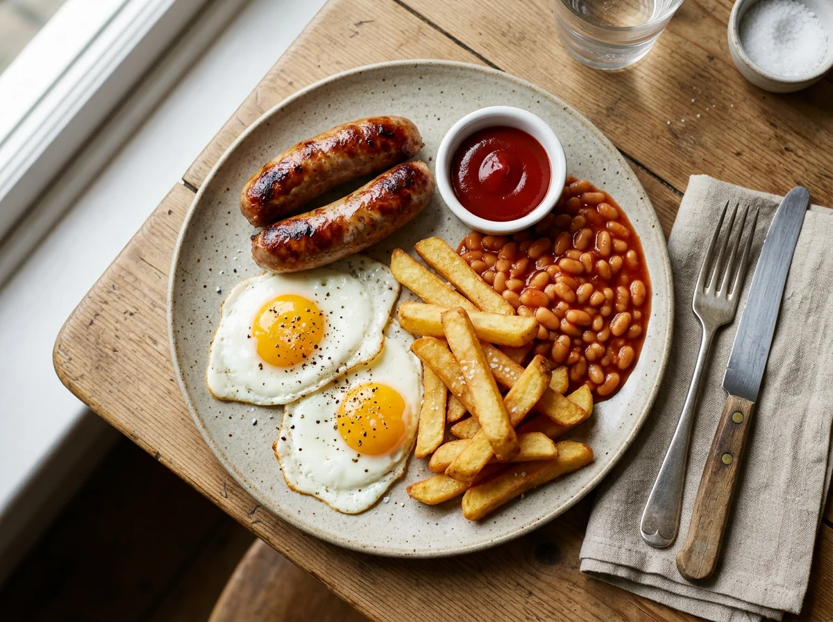 Sausage, Egg, Chips and Beans photo