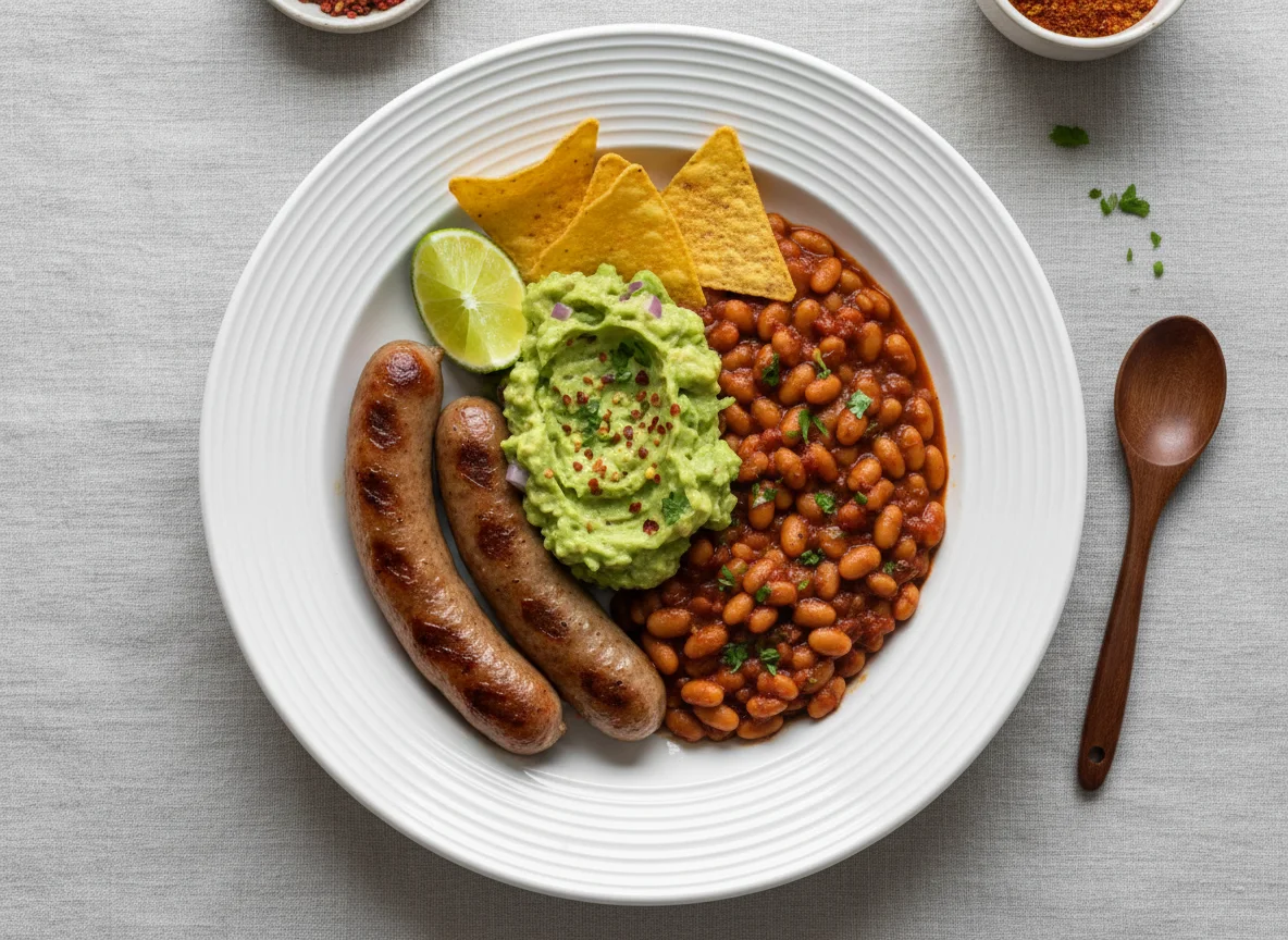 Sausage, Guacamole and Baked Beans photo