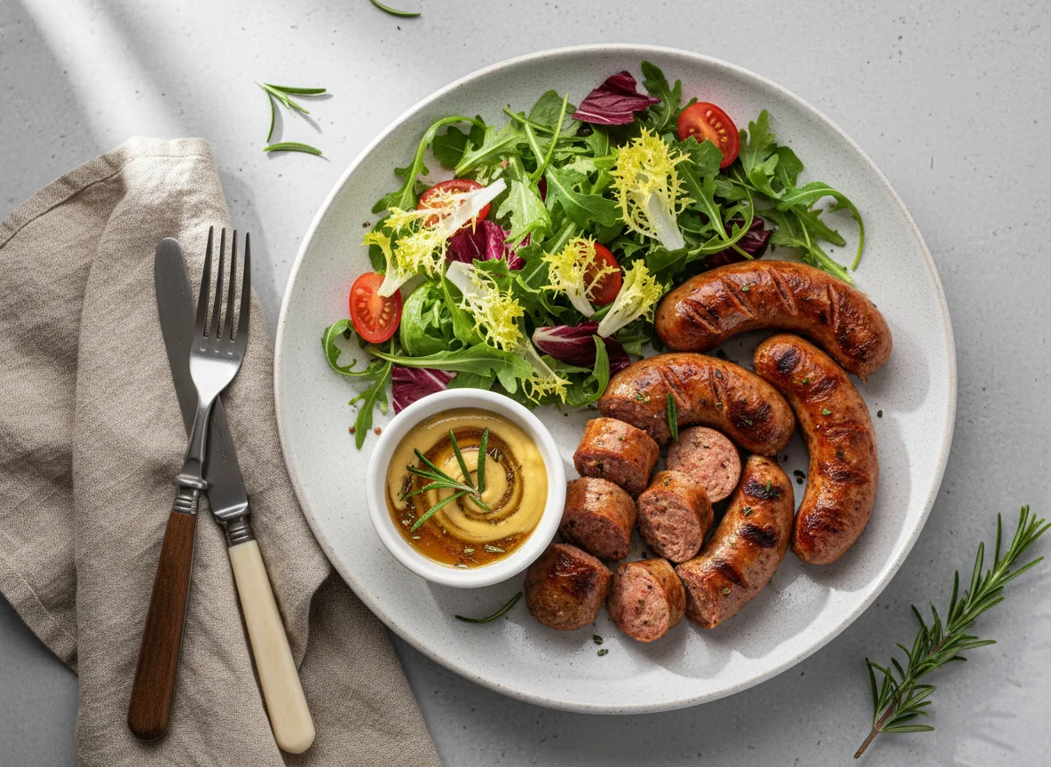 Sausage Karagouniko Karditsas with salad, mustard with honey & rosemary photo