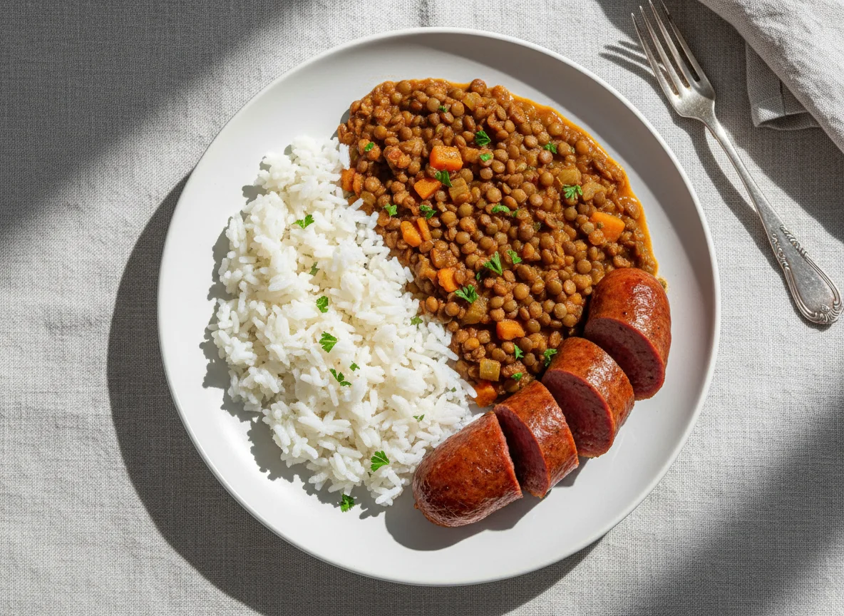 Sausage, Lentil Stew and Rice photo