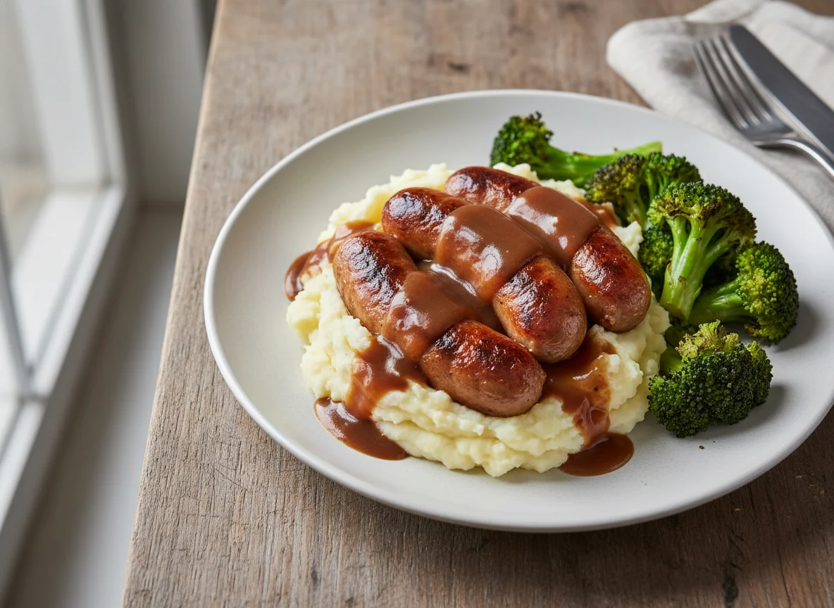 Sausage, Mash and Broccoli with Gravy photo