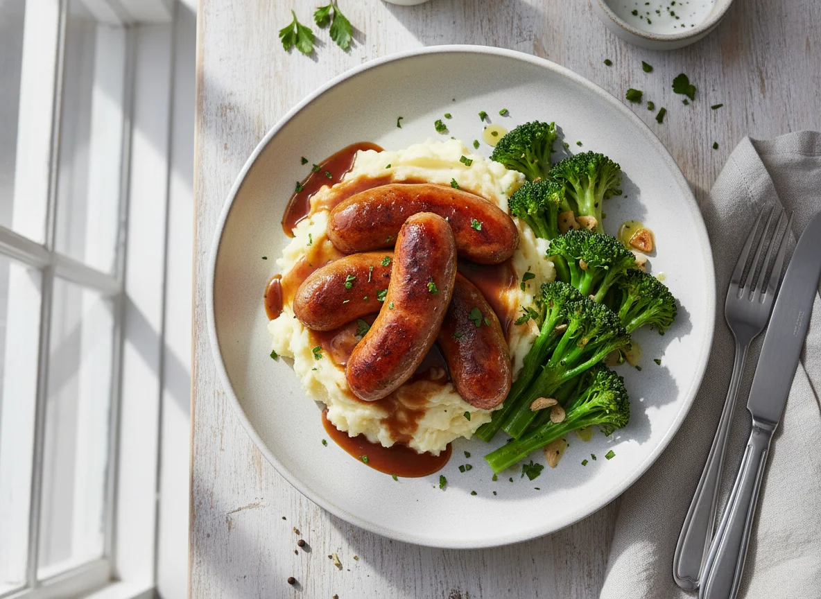 Sausage, Mash and Gravy with Broccoli photo