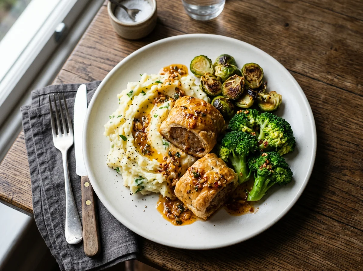 Sausage, Mash and Vegetables with Nando's Sauce photo