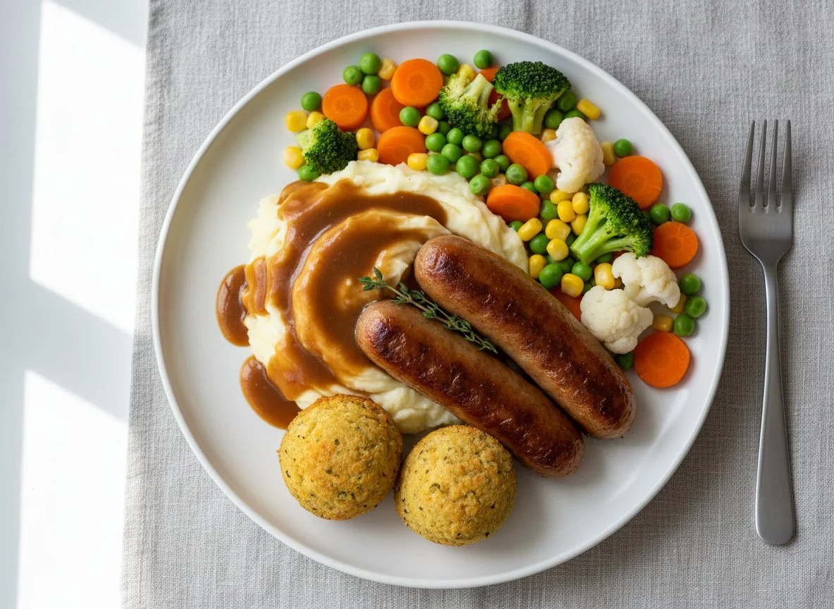 Sausage, Mash and Vegetables with Stuffing photo