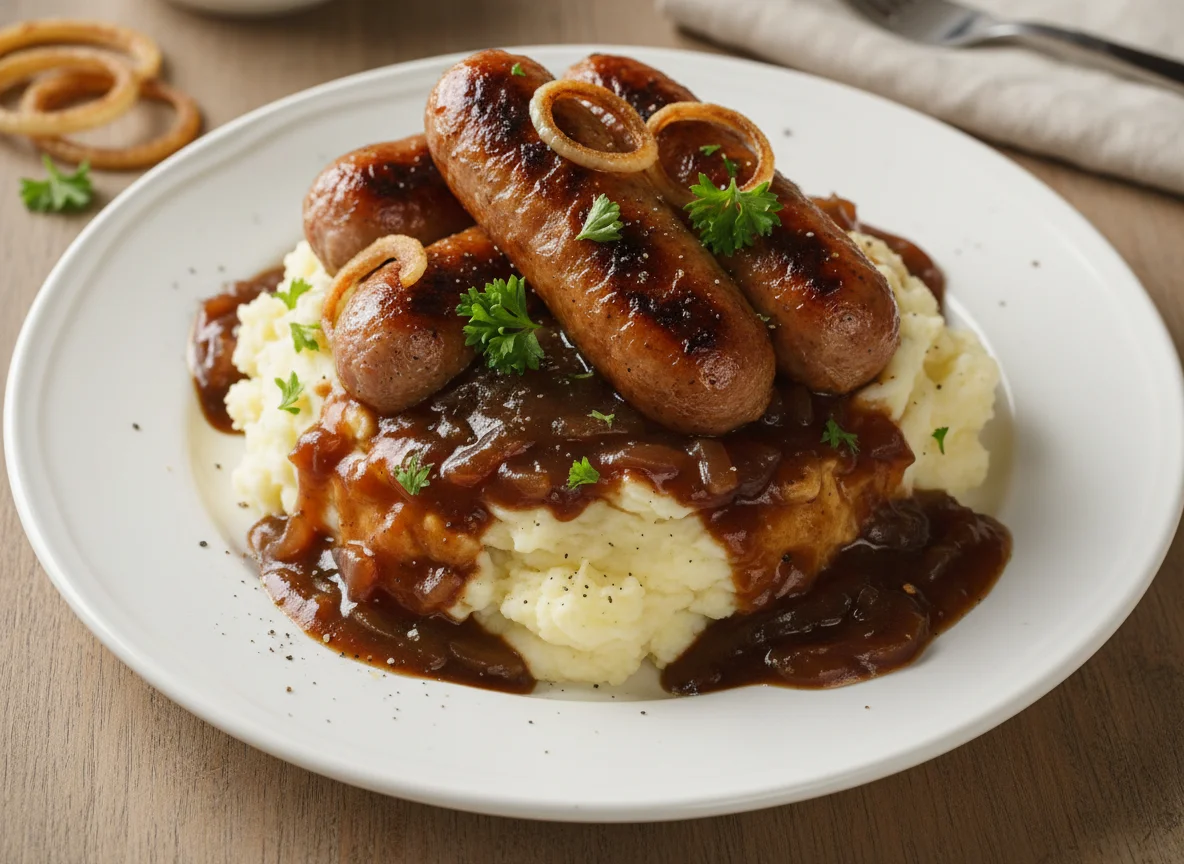 Sausage, Mashed Potatoes, Gravy, and Onions photo