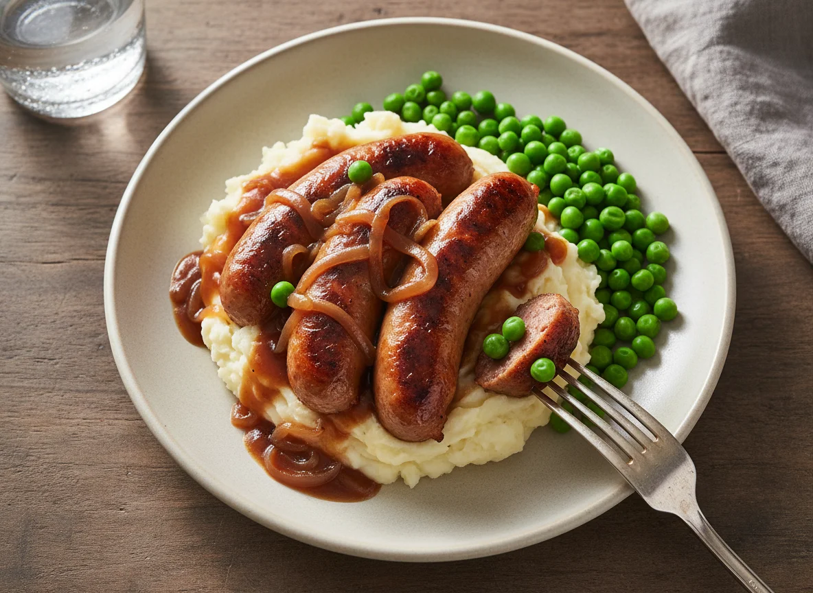 Sausage, Mashed Potatoes, Peas and Gravy photo