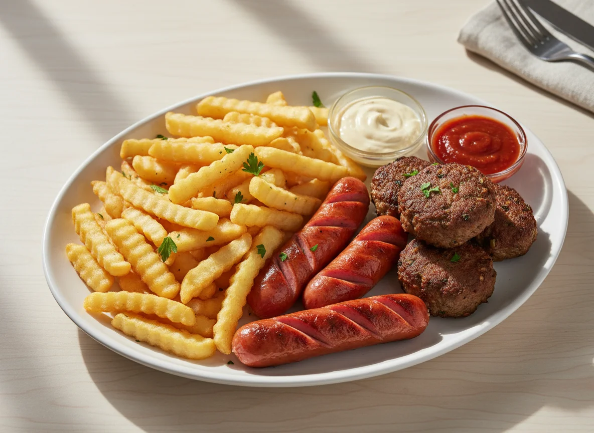 Sausage, Meatball, and Fries Plate photo