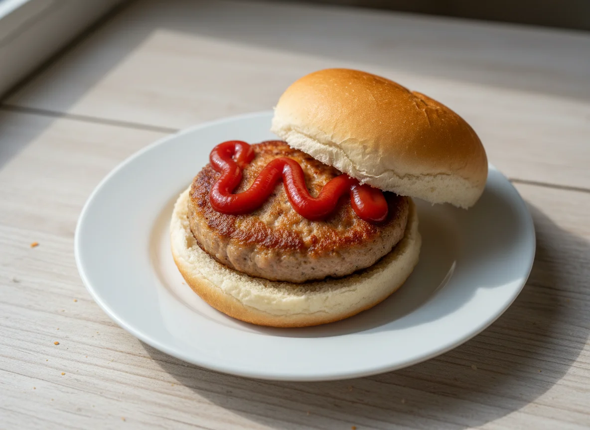 Sausage patty in a white roll with ketchup photo
