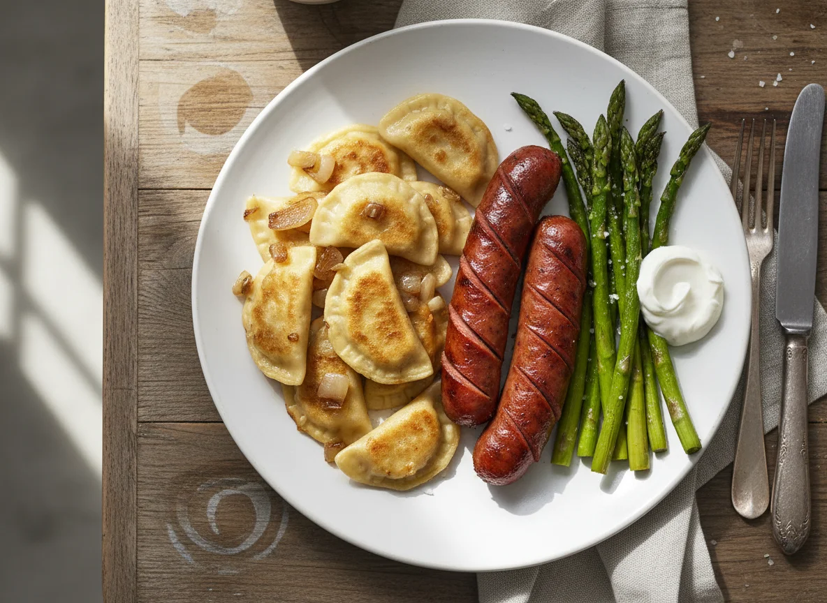 Sausage, Pierogies, and Asparagus Meal photo