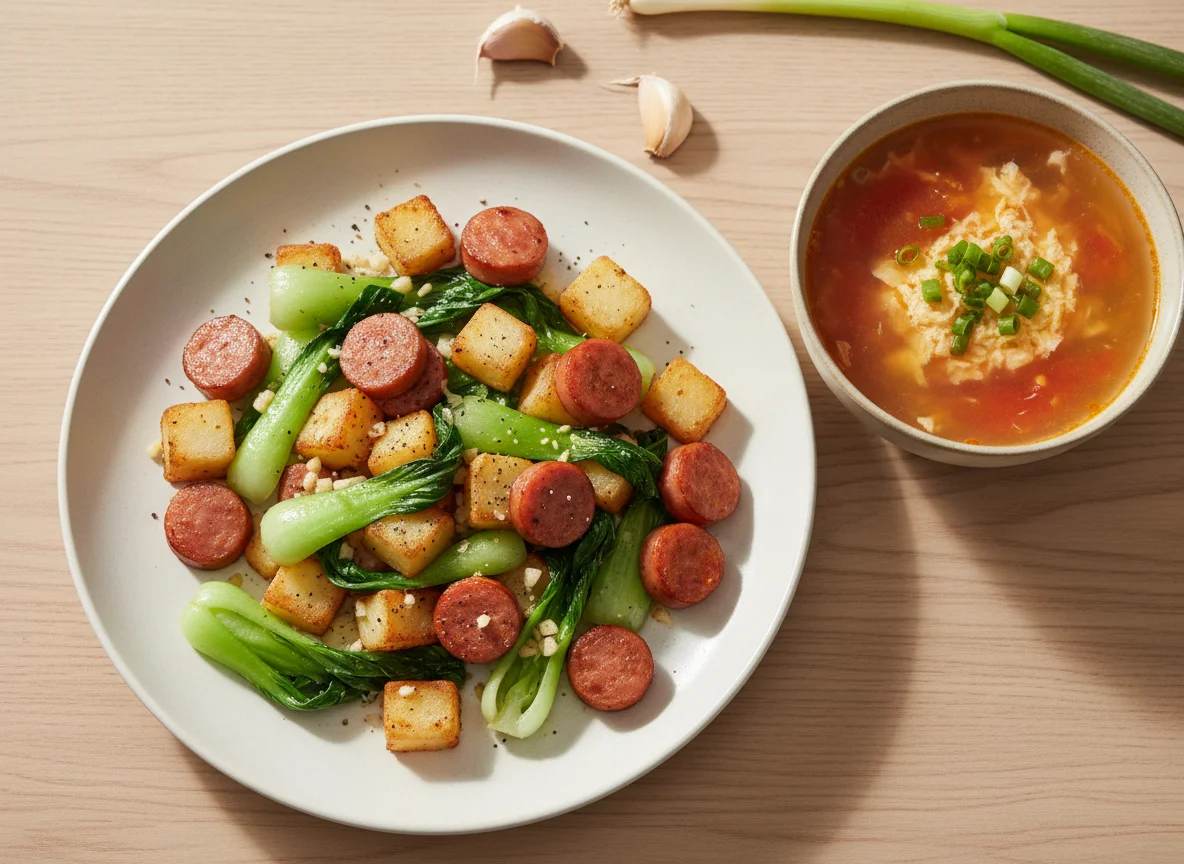 Sausage, Potato, and Green Vegetable Stir-fry with Tomato and Egg Soup photo