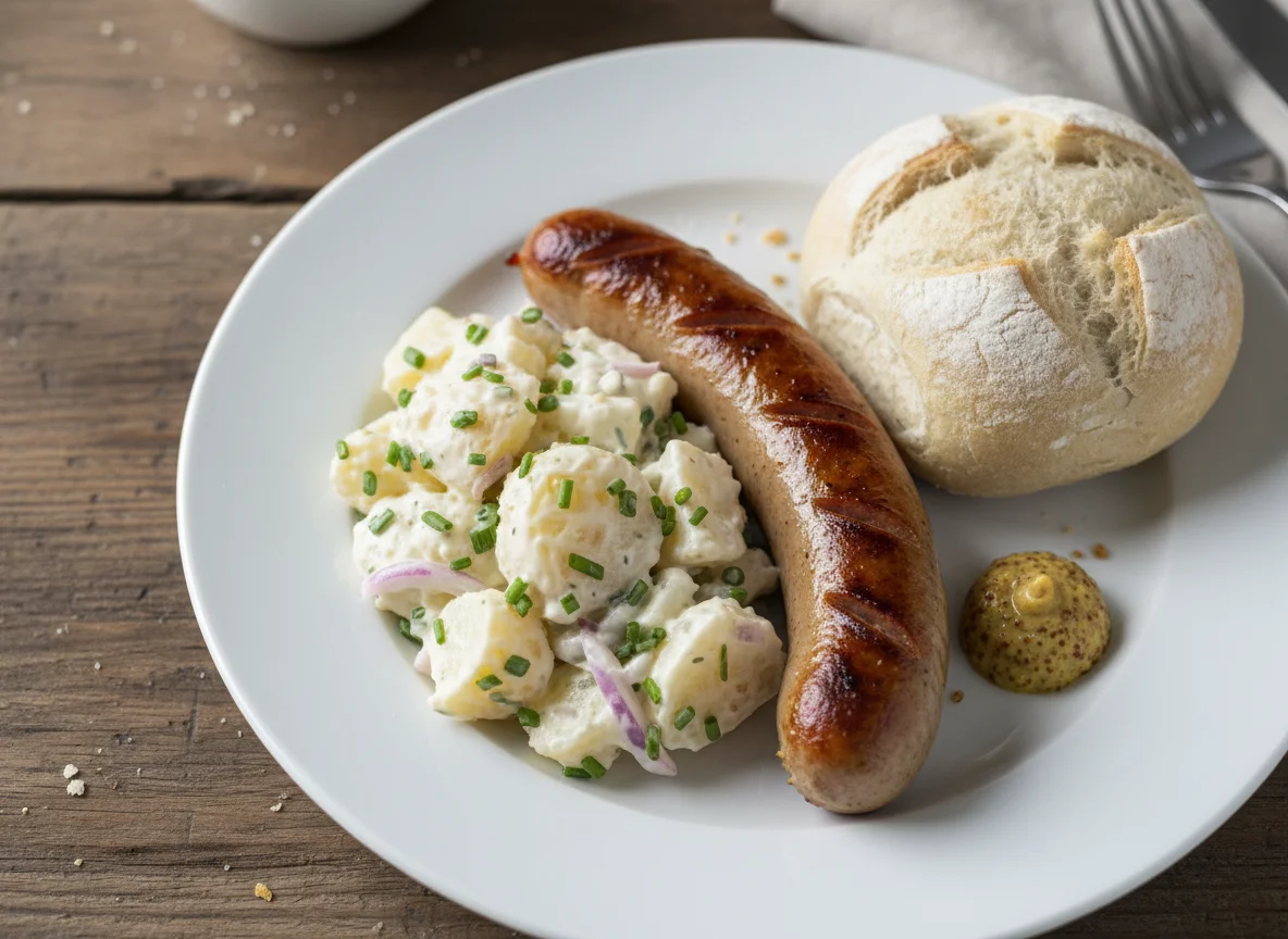 Sausage, Potato Salad, and Bread Roll photo