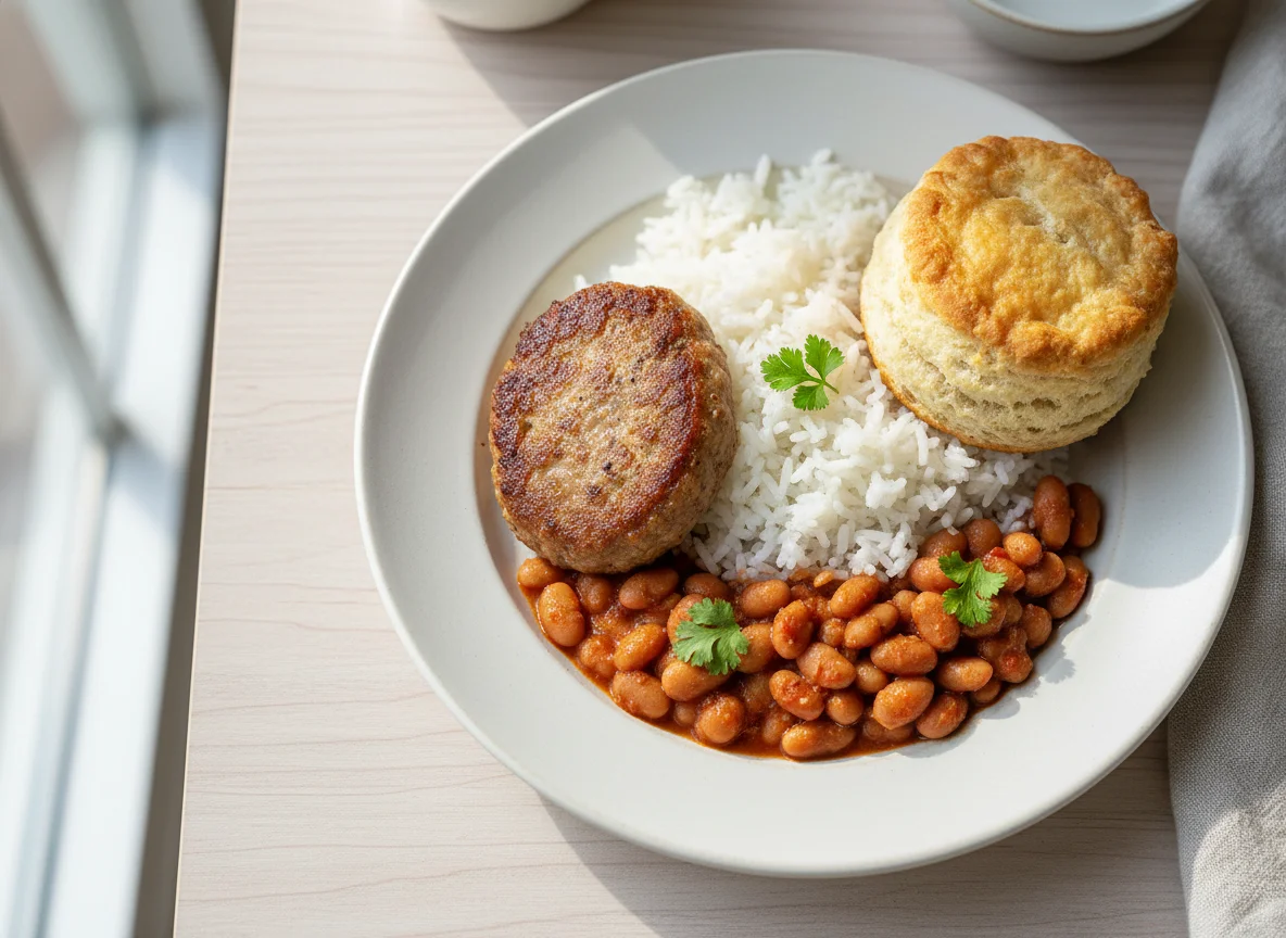 Sausage, Rice, Beans, and Biscuit Meal photo