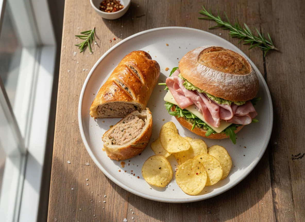 Sausage roll, Mortadella sandwich, and crisps photo