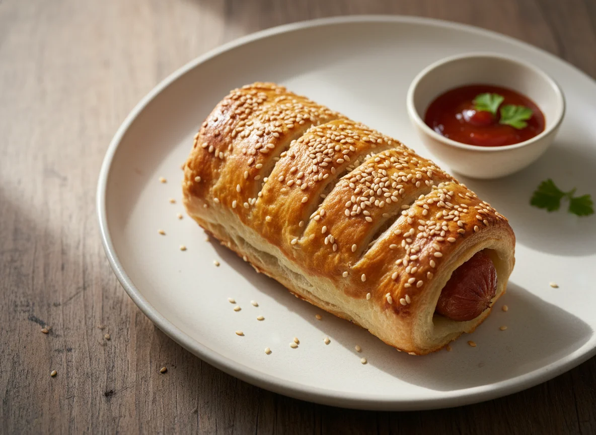 Sausage roll with sesame seeds photo