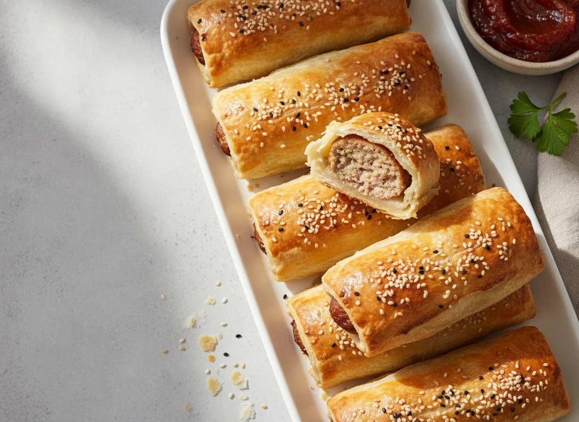 Sausage rolls with sesame seeds photo