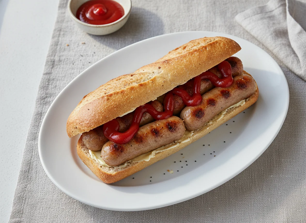 Sausage sandwich with ketchup photo